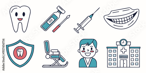 Diverse icons representing various aspects of dental care and health services Vector