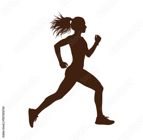 woman running in motion with ponytail blowing in the wind  athletic female jogger