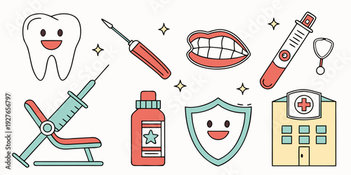 Assorted medical and dental instruments and items arranged in a row Vector