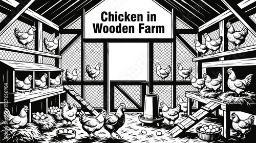 Chickens inside a wooden coop vector black and white representing poultry farming egg production and rural lifestyle