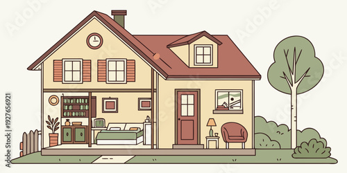 A charming suburban house with a welcoming front yard and garden Vector