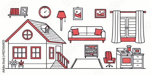 A detailed illustration of a house with various rooms and furniture Vector