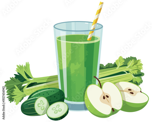 Fresh green juice with celery cucumber and apple ingredients