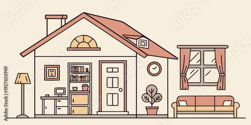 A charming, colorful house with a welcoming front yard and cozy interior Vector