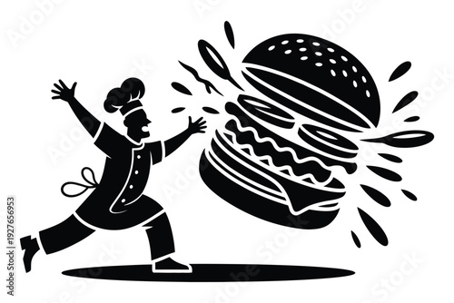 Excited chef chasing giant burger, fast food concept, culinary humor, restaurant promotion, oversized meal advertising