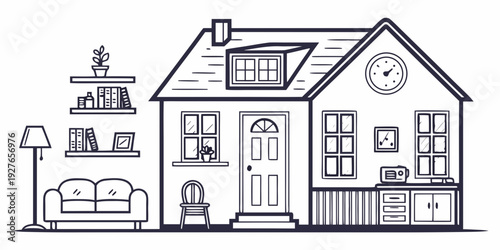 A charming and cozy house with a welcoming front yard and garden Vector