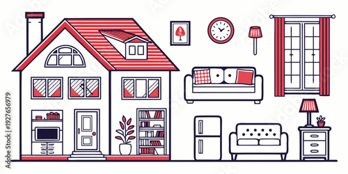 A detailed illustration of a house with various appliances and furniture Vector