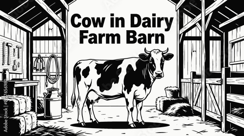 dairy cow standing in a farm barn stable black and white vector representing milk production livestock farming agriculture and food industry supply