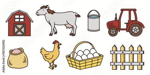 A vibrant illustration of various farm animals and objects in a rural setting. Vector