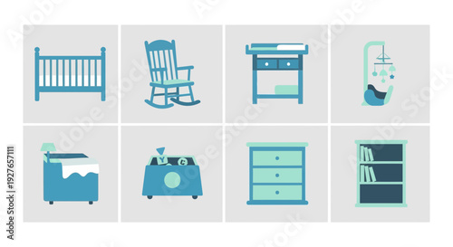 Eight blue and teal nursery furniture icons arranged in a twobyfour grid