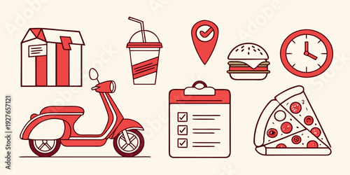 A collection of icons representing various aspects of a pizza delivery service Vector
