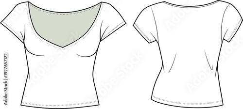 Women V Neck T Shirt CAD Drawing, Front and Back View, Short Sleeve Apparel Technical Fashion Flat Sketch Template
