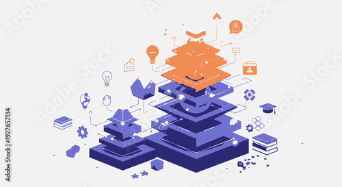Conceptual illustration depicting a multi-layered platform for data management, business growth, technological innovation, and continuous learning in a digital ecosystem