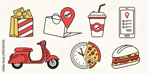 A vibrant collection of diverse food and location icons on a white background Vector