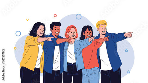 Diverse group of young friends stand together and excitedly point towards a common goal or destination in the distance.