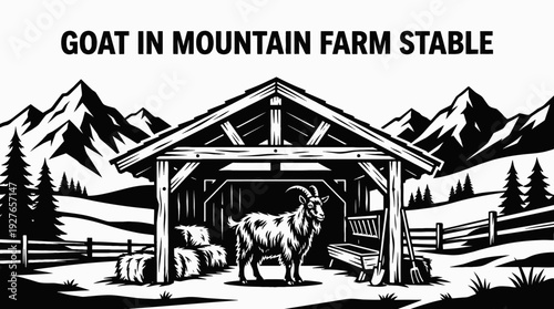 goat in a mountain stable black and white vector representing traditional farming livestock care and rural agriculture