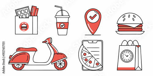 Illustrations of various delivery services and their associated icons Vector