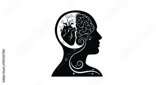 Abstract silhouette of human head with brain and heart inside