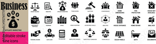 Black And White Business Icon Set Featuring Budget Balance Affiliate Marketing Teamwork Goals And Analytics