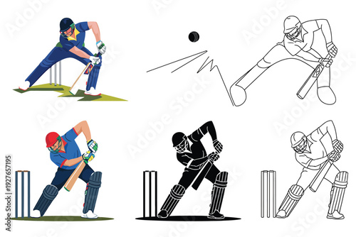 Set of cricket players in various batting poses, with full-color, silhouette, and outline options for diverse design applications