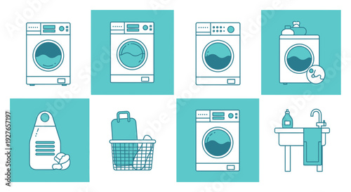 Eight icons related to laundry including washing machines detergent and a sink