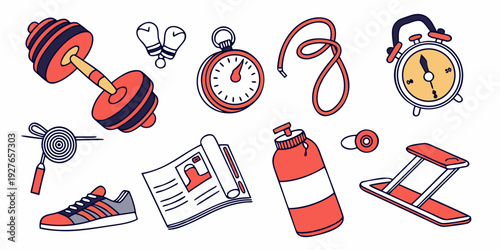 A collection of various items and objects including a clock, a heart, a fire extinguisher, and more. Vector