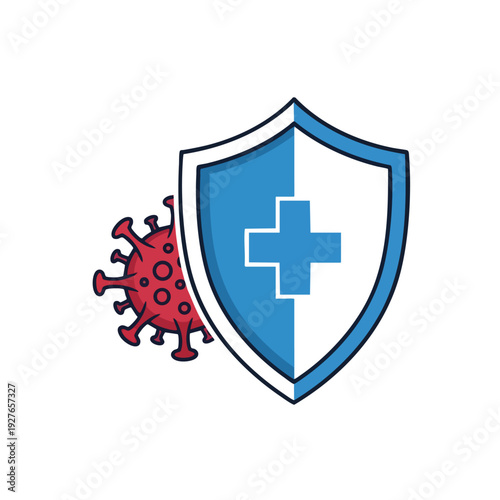 Protective health shield with medical cross and virus icon healthcare safety concept