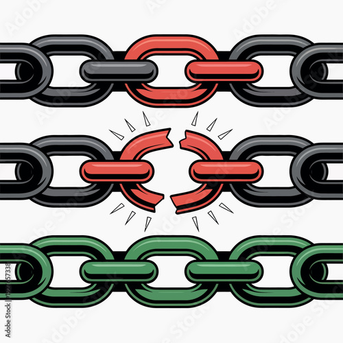 Broken red chain link between black and green chains