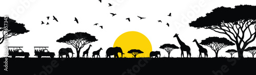 African savanna landscape silhouette vector featuring iconic acacia trees.
