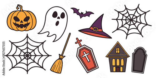 A delightful assortment of halloween-themed stickers featuring ghosts, bats, and haunted houses Vector