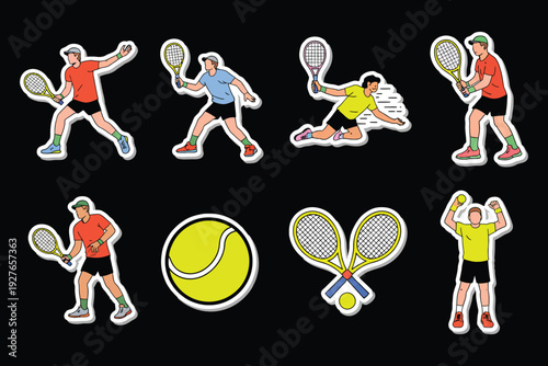 Set of tennis players and equipment, various action poses, male athletes playing sport, racket and ball icons, healthy lifestyle