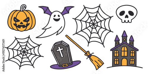 A delightful assortment of halloween-themed objects and creatures Vector