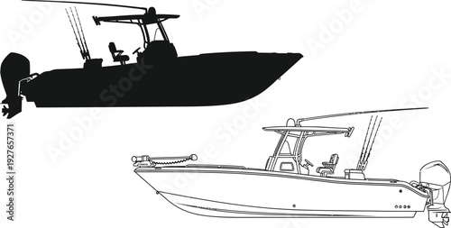 Detailed black silhouette of a center console fishing boat with a t top presented on transparent background high quality professional detailed modern