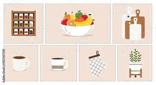 Eight square panels showing kitchen items spice rack fruit bowl cutting boards mugs mitt and potted plant