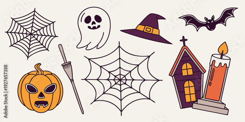 Spooky halloween decorations including a ghost, bats, a pumpkin, and a witch Vector