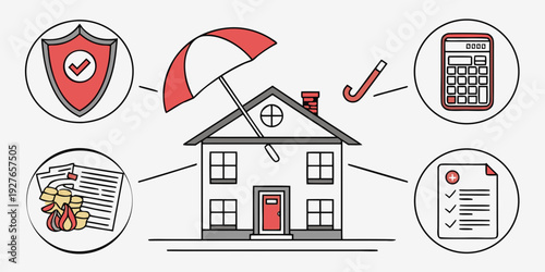 Illustration of a house with various protective icons surrounding it. Vector