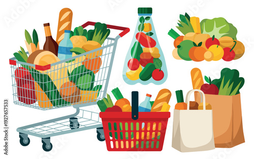 Fresh groceries and shopping cart full of healthy food items