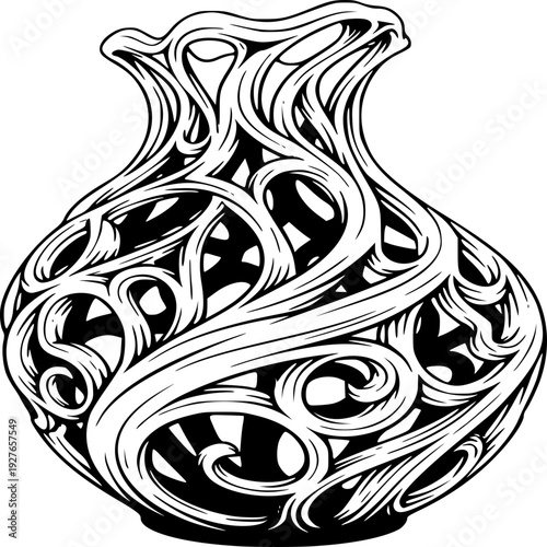 Black and white vector illustration of a decorative floral vase with ornamental tribal patterns and artistic details
