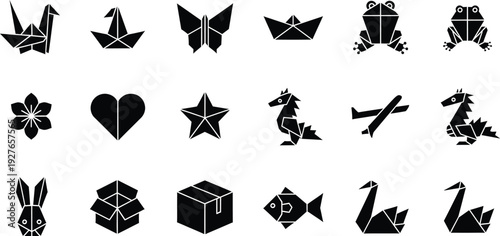 A collection of black origami paper folding icons including animals and objects