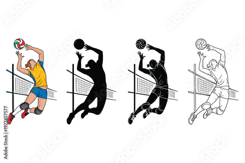 Volleyball player action pose, spike or attack on net, male athlete jumping during game, sport competition and healthy lifestyle