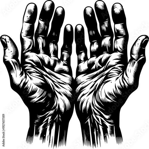 Hand drawn sketch of people walking together with raised hands viewed from the back in a simple vintage style