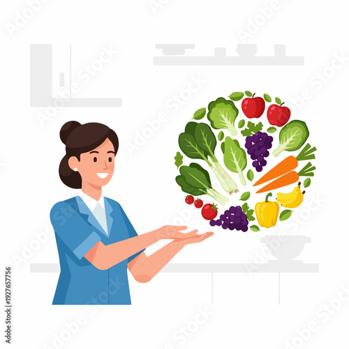 Clean flat vector illustration of a smiling nutritionist presenting healthy food choices
