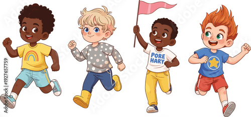 Animated children running happily with diverse outfits, playful group activity scene, cheerful childhood illustration symbolizing unity, friendship, diversity, fun, and colorful 