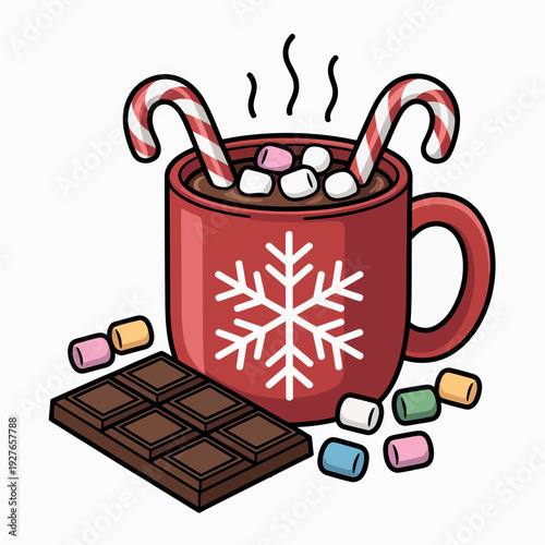 Cozy red mug of hot chocolate with marshmallows candy canes and chocolate bar