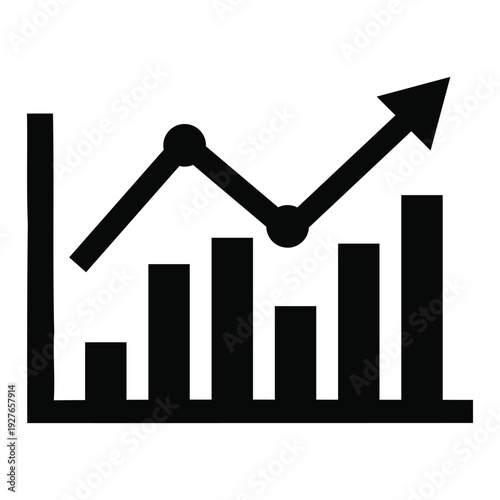 A black and white graph with a line and bar chart showing an upward trend with an arrow pointing upwards strongly
