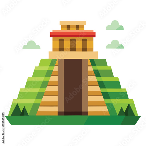 Ancient Mayan temple pyramid with clouds and green terrain flat vector illustration