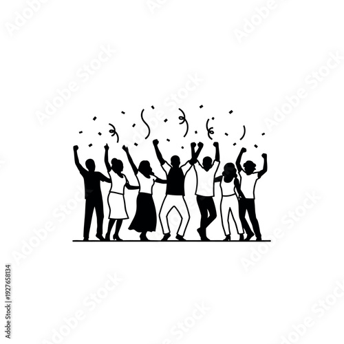 Group of happy people celebrating success with confetti.