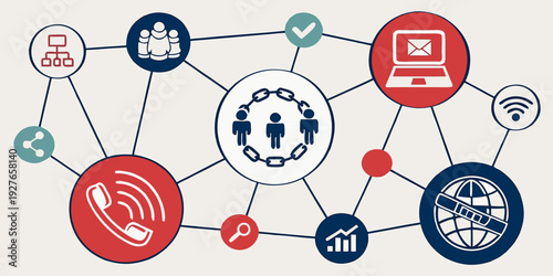 Interconnected nodes and arrows in a colorful network diagram Vector