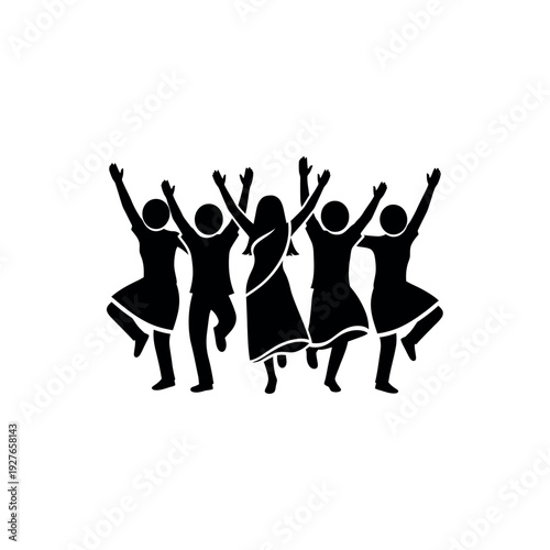 Group of diverse people dancing with joy and raised hands.