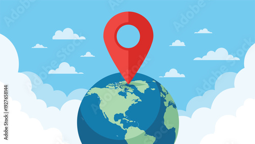 Global location pin on top of the world globe illustrating travel, navigation, and international mapping services.